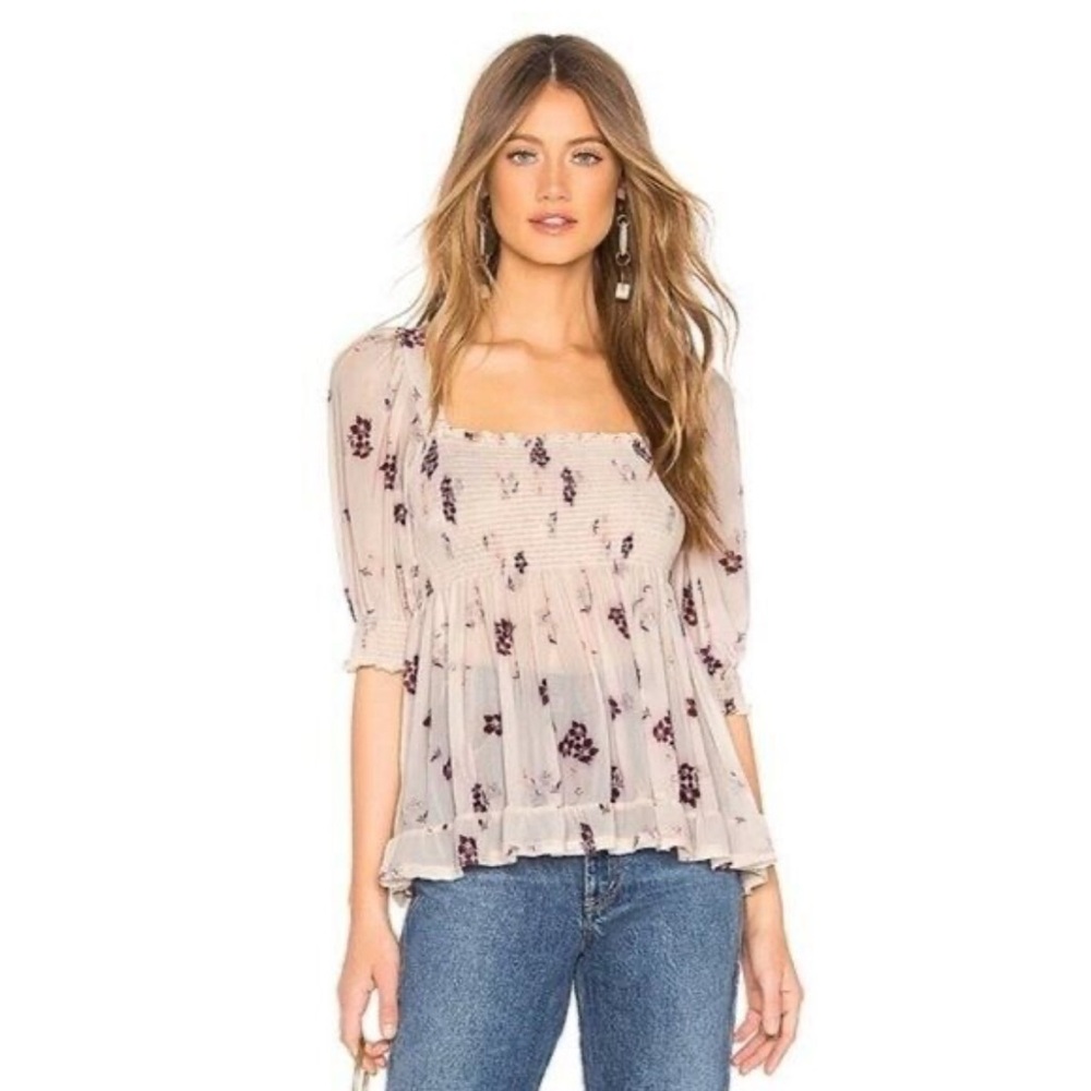 Free People Delta Dawn Floral Mesh Babydoll Top Size Small